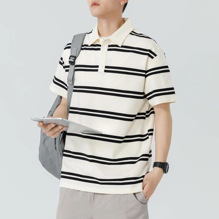 Striped Polo shirt, men's summer loose Japanese-style lapel short-sleeved T-shirt, loose trendy brand retro half-sleeved business T-shirt Striped Polo shirt, men's summer loose Japanese-style lapel short-sleeved T-shirt, loose trendy brand retro half-sleeved business T-shirt